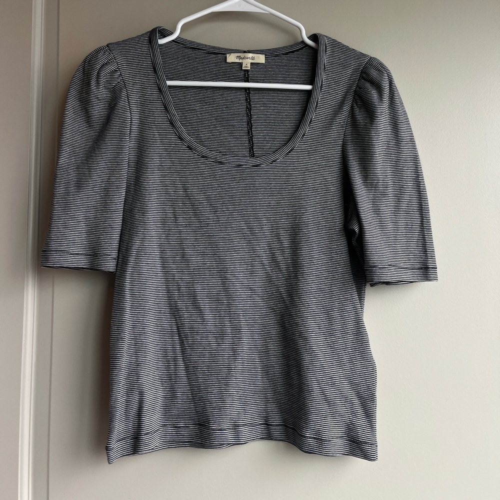 Madewell Black & White Micro-Stripe Scoop Neck Puff Sleeve Tee